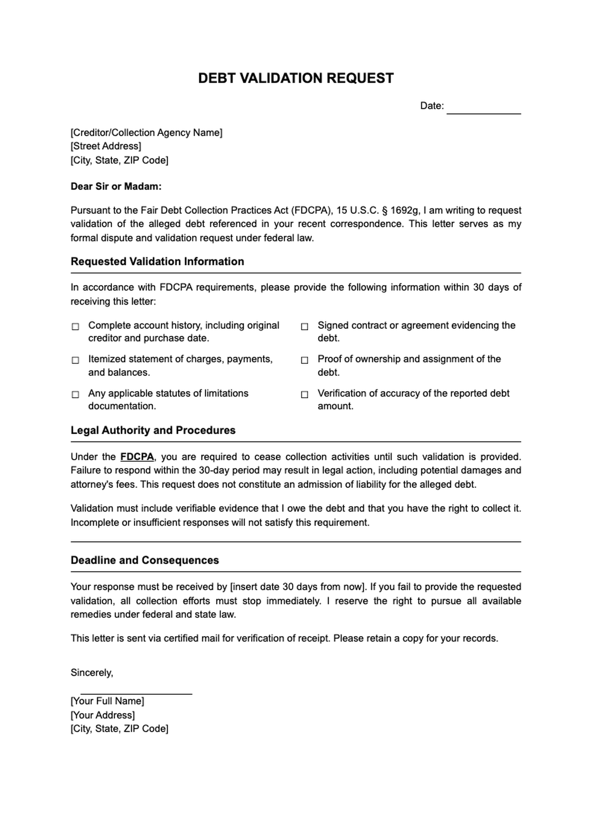 Debt validation letter template with legal notice and check boxes_variant_1